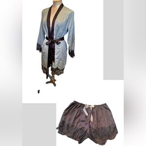 Women’s Satin Gray And Black & Lace Robe And Matching Black Shorts
